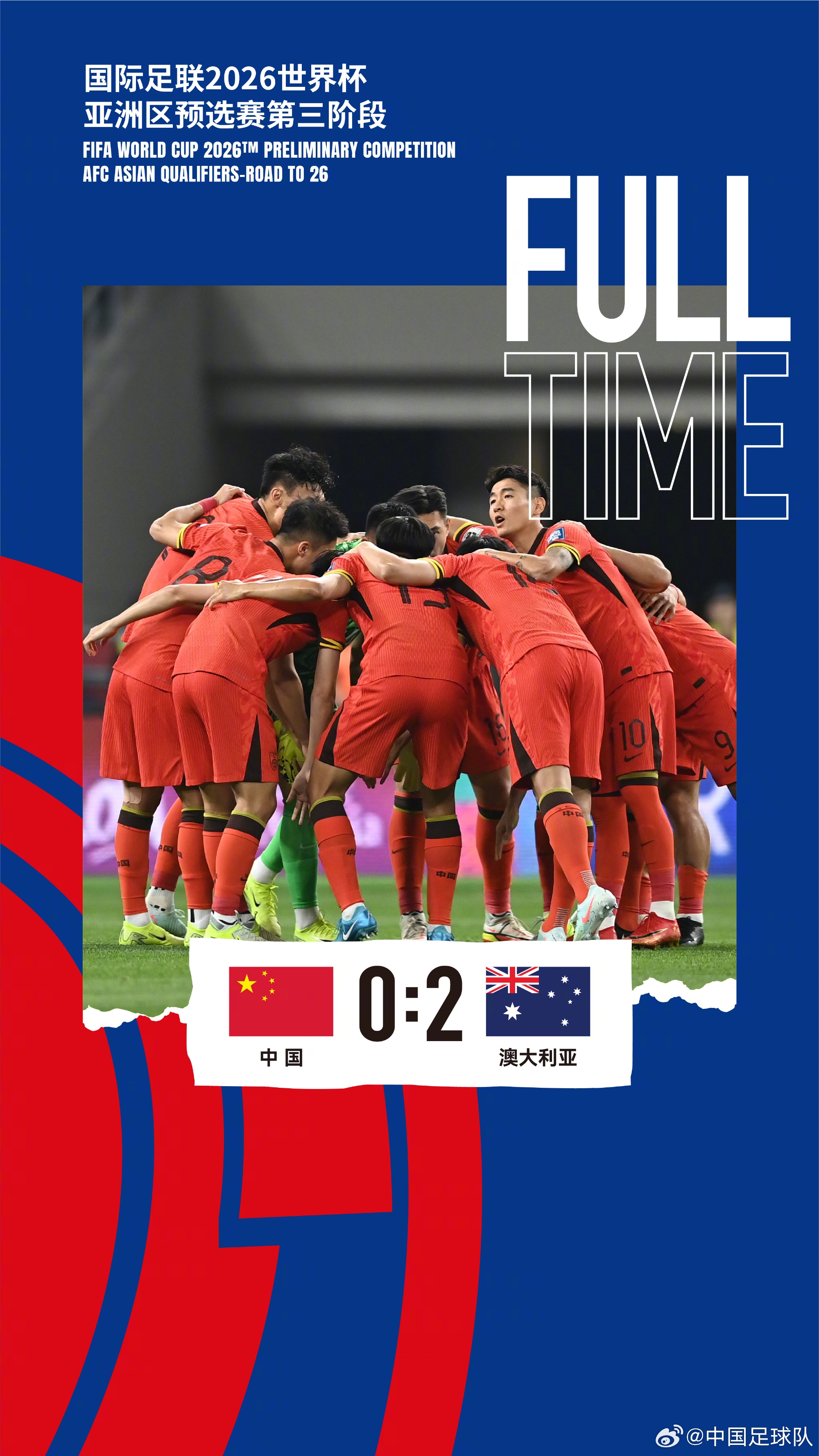 美加墨世界杯亞洲區(qū)預(yù)選賽第三階段第八輪，中國隊(duì)0-2澳大利亞隊(duì)