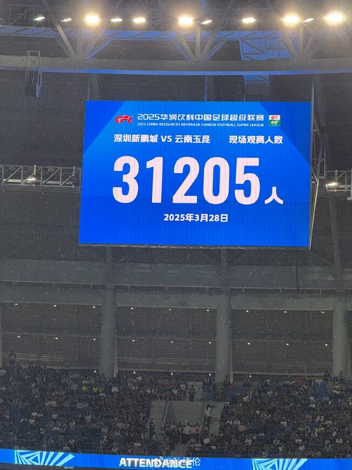 新鵬城新賽季首個(gè)主場(chǎng)現(xiàn)場(chǎng)觀眾31205人，為隊(duì)史最高上座人數(shù)